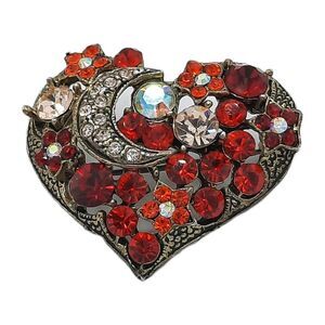 Vintage-Inspired Red Rhinestone Heart Brooch Pin Crescent Moon Crystal Jewelry
